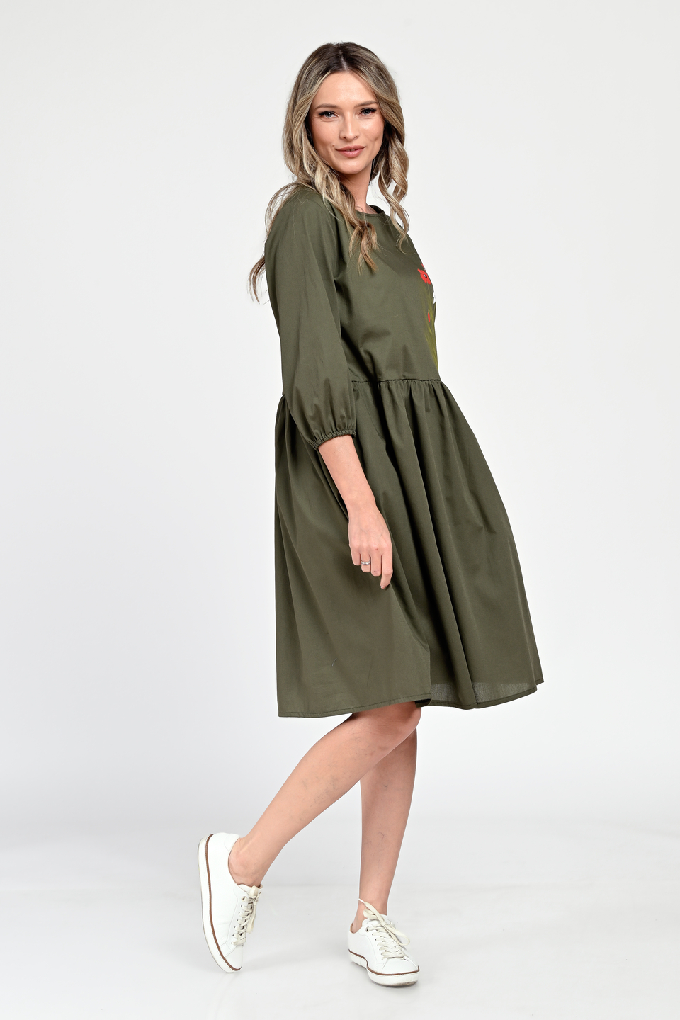Rochie Medie Dama V310, Pictata manual, Kaki cu model floral - 3 | YEO